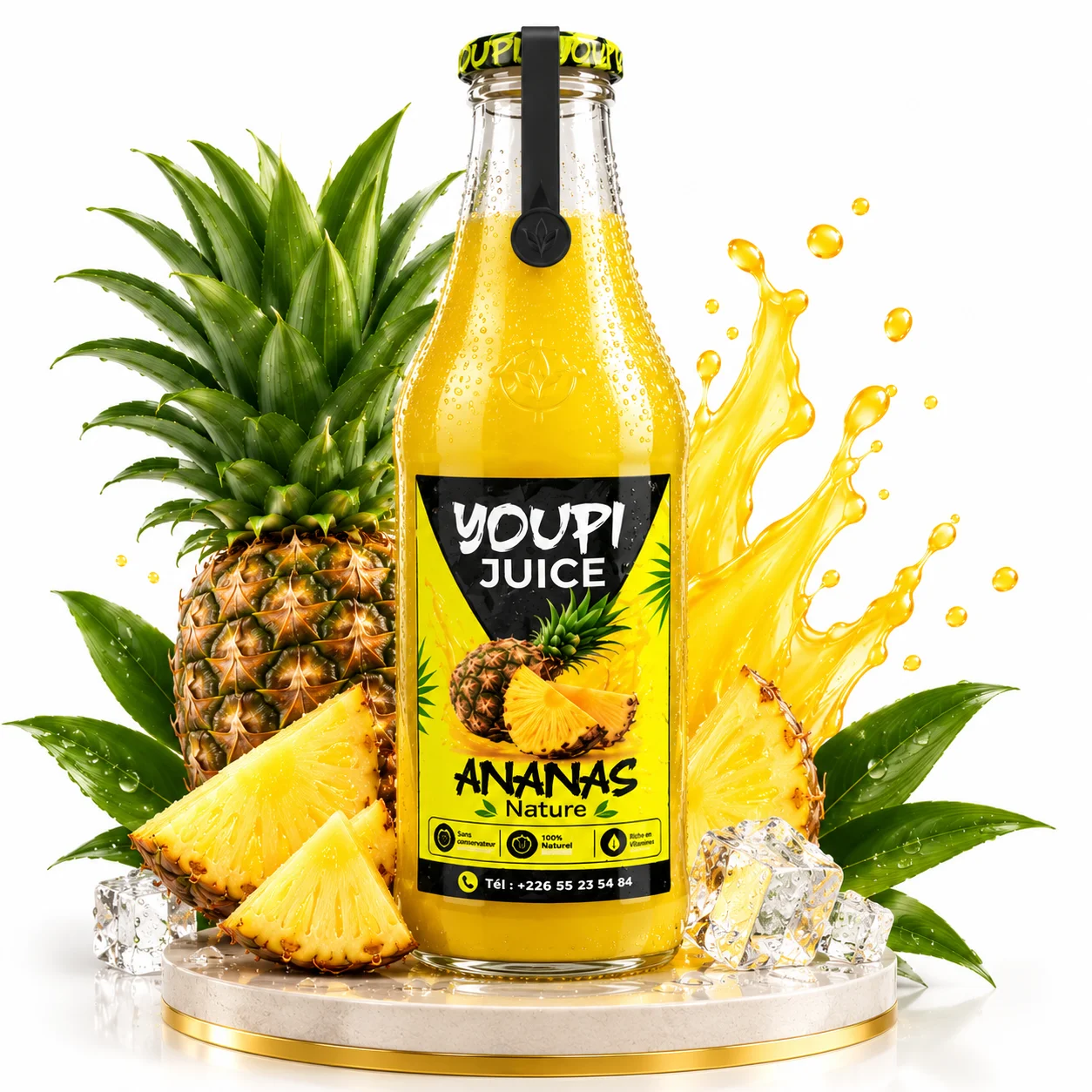 Étiquette adhésive haute définition pour bouteille de jus d'ananas YOUPI Juice